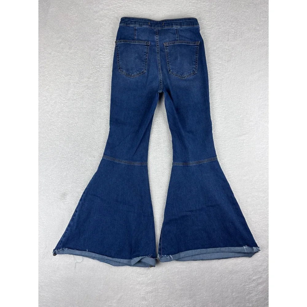 Free People Bell Bottom Jeans High Rise Raw Hem Dark Wash Denim Flare W 27R - Picture 10 of 13